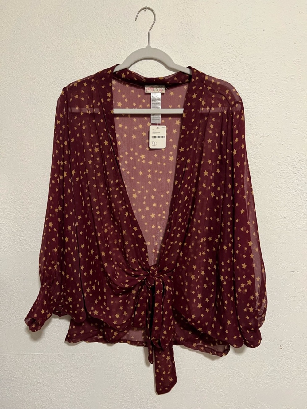 Free People Burgundy Sheer Star-Print Tie-Front Blouse